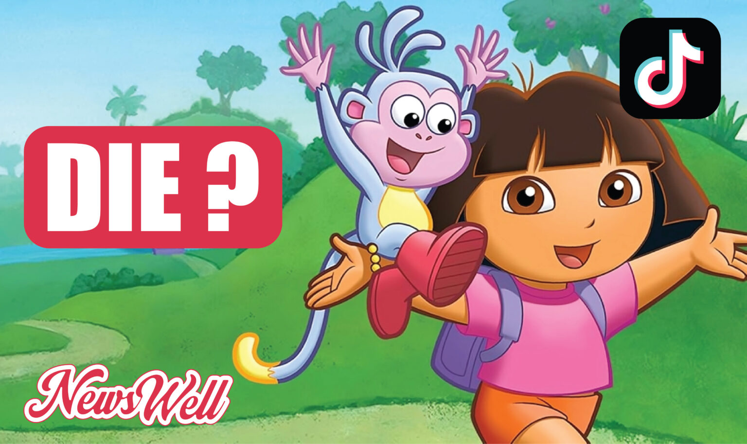 How Did Dora Die? The Truth Behind the Viral TikTok Star Dora the Explorer and Boots with a large red "DIE?" text overlay, "NewsWell" and TikTok logos.