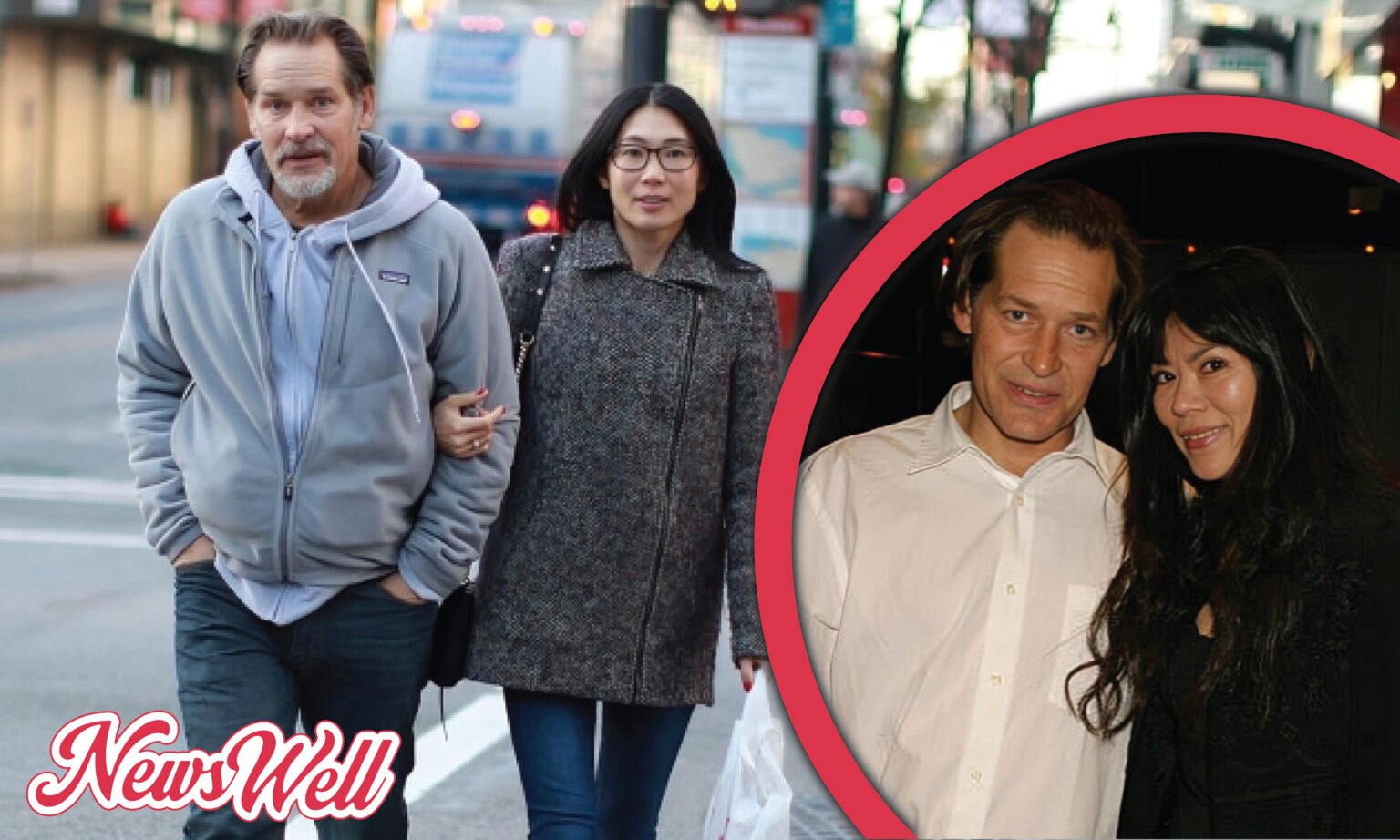 A composite image showing actor James Remar and his wife, Atsuko Remar, walking on a city street, paired with an inset photo of the couple at an event.