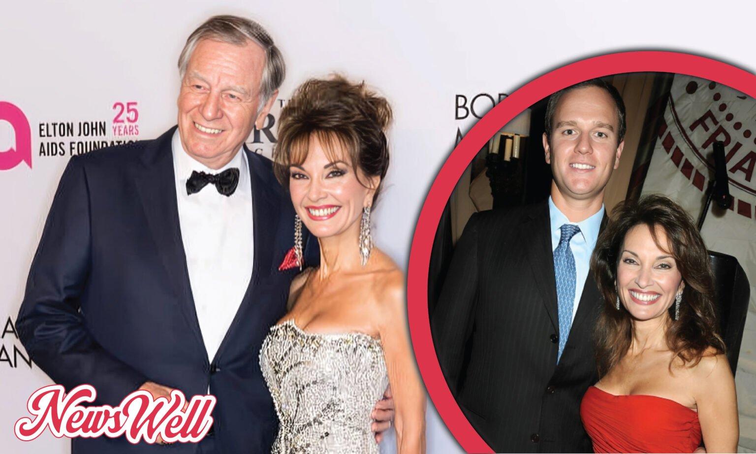 Andreas Huber with a woman in a red dress, and an older couple, likely Susan Lucci and Helmut Huber, at an event.