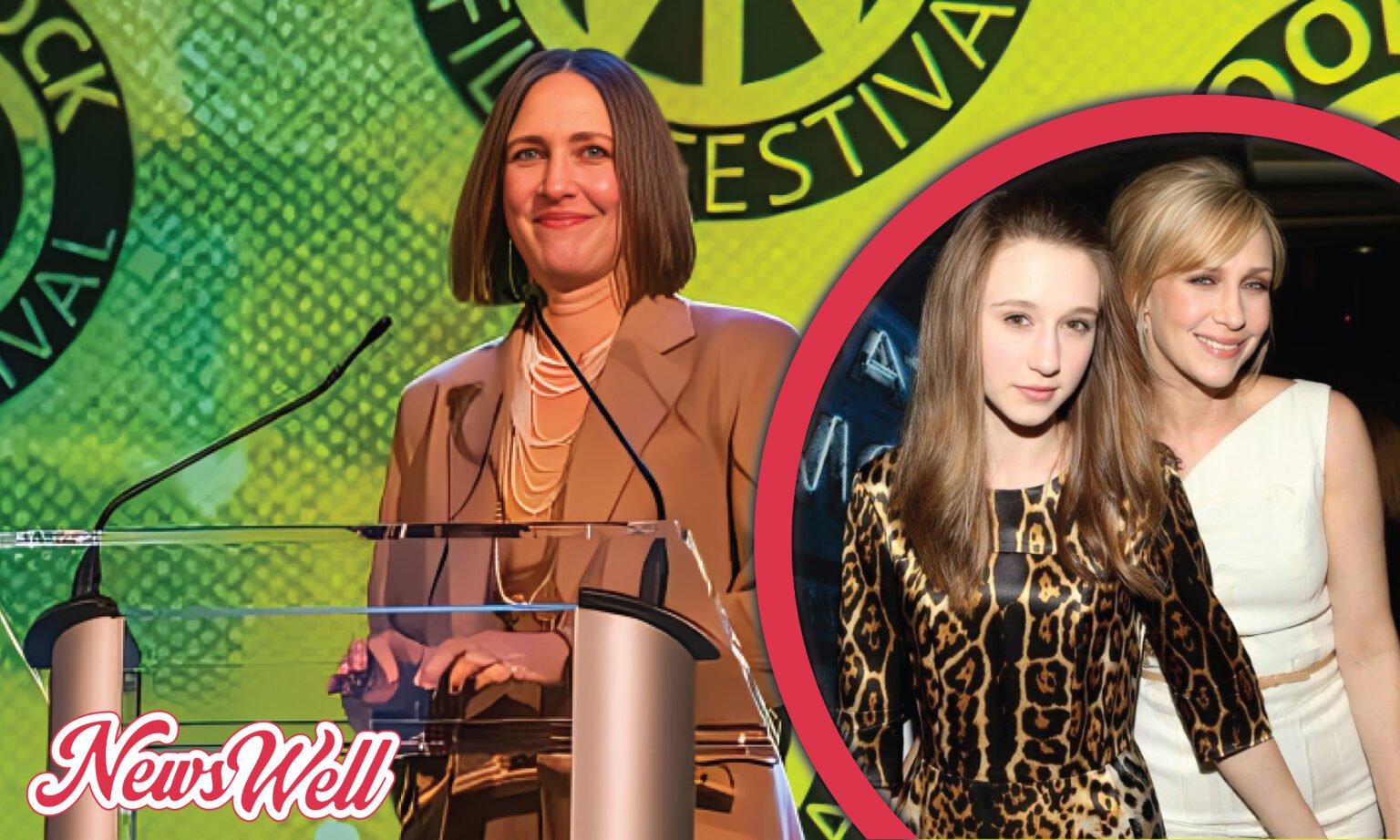 A split image showing Vera Farmiga speaking at a podium on the left, and a close-up of Taissa Farmiga and Vera Farmiga smiling on the right.
