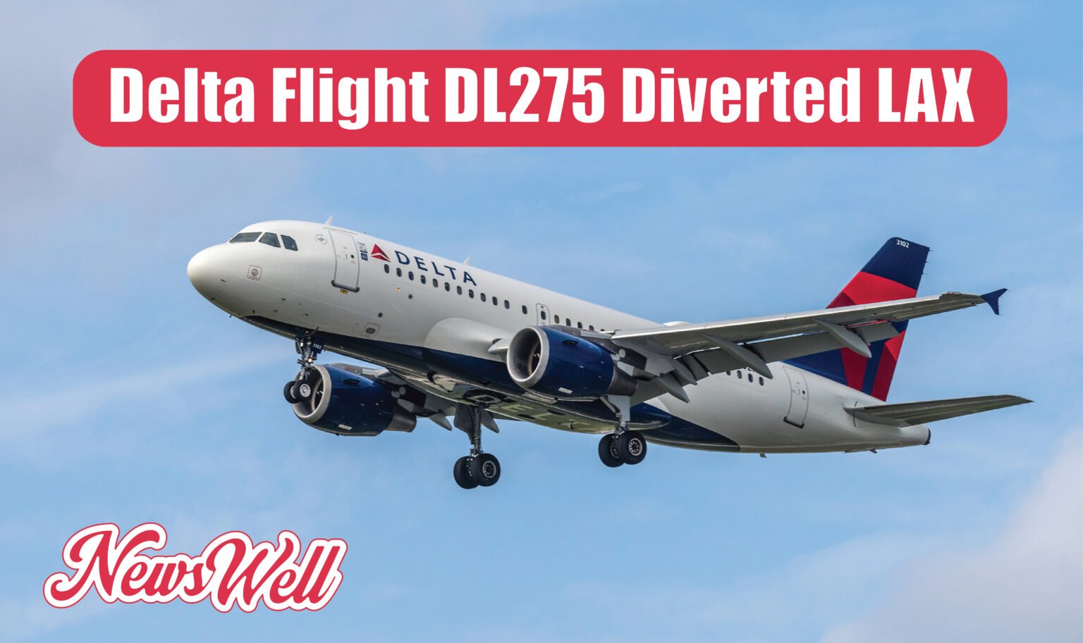 A Delta Airlines Airbus A320 taking off or landing, with a red banner overlay stating "Delta Flight DL275 Diverted LAX" and a "NewsWell" logo.