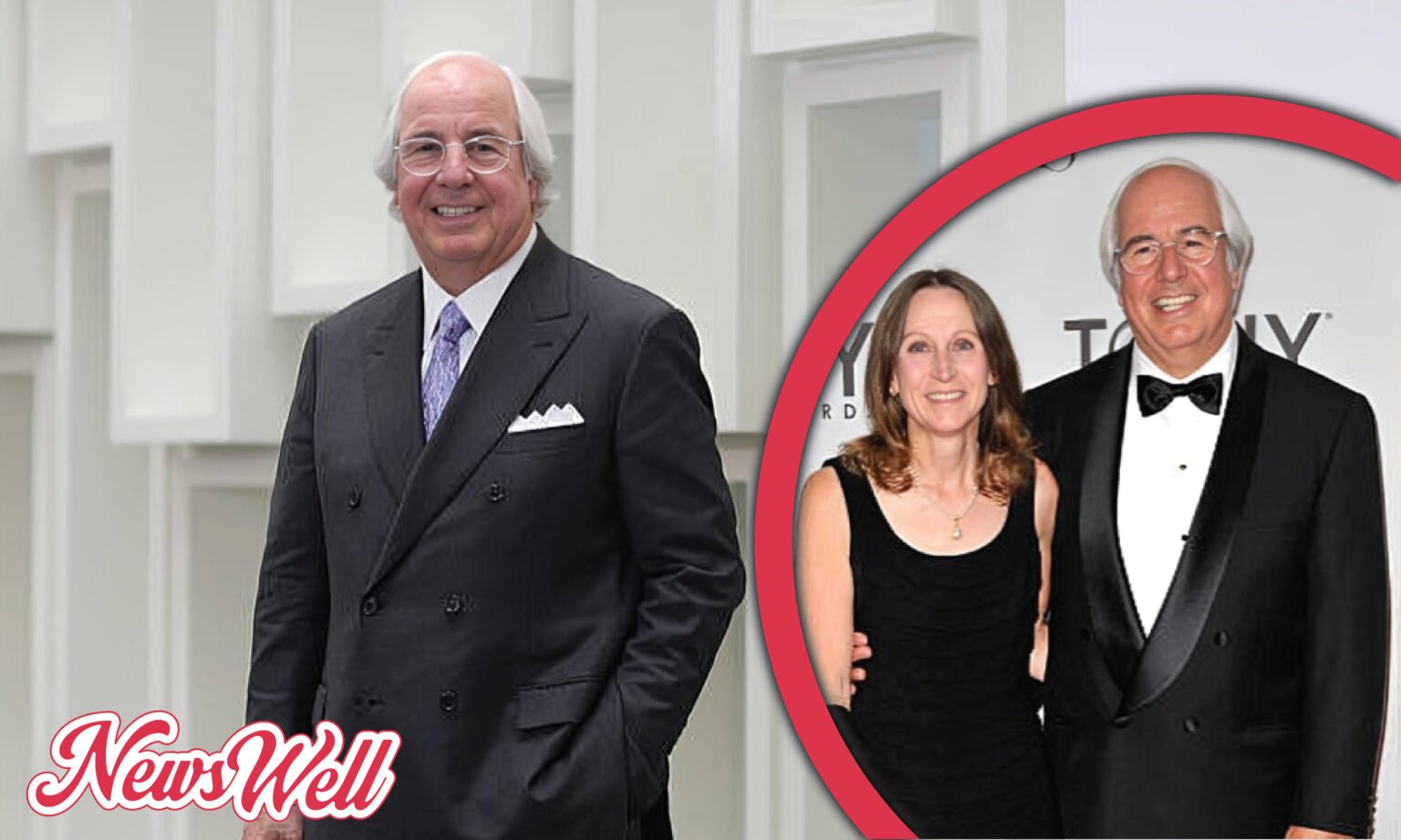 A split image showing Frank Abagnale Jr. on the left in a suit, and a circular inset on the right with Frank Abagnale Jr. in a tuxedo alongside Kelly Anne Welbes Abagnale in a black dress.