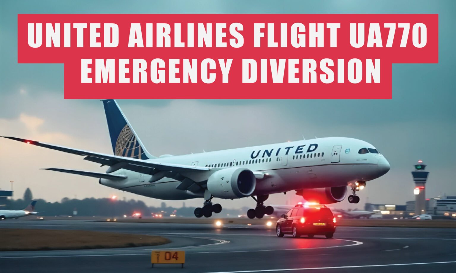 A United Airlines plane on a runway with emergency vehicles, and a red banner saying "UNITED AIRLINES FLIGHT UA770 EMERGENCY DIVERSION".
