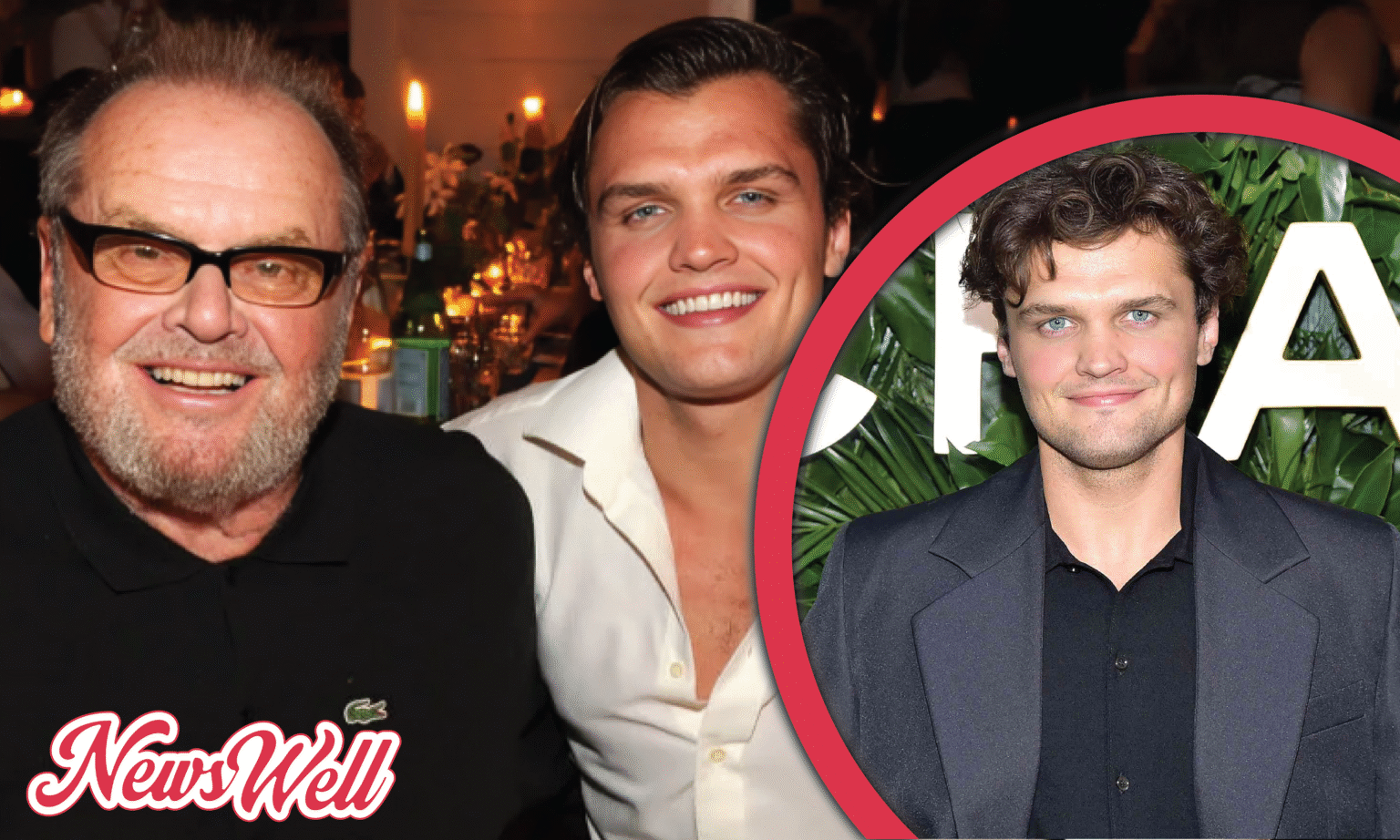 A composite image shows an older Jack Nicholson smiling alongside a younger man, Caleb James Goddard. A circular inset shows Caleb James Goddard in a different outfit.