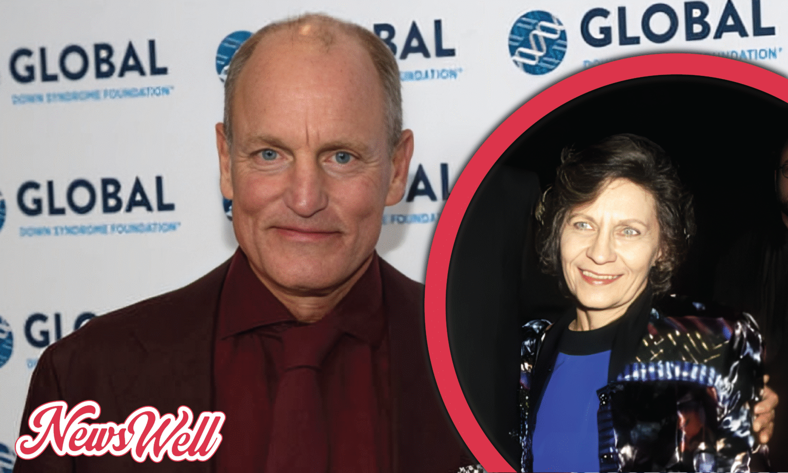 A composite image showing a smiling Woody Harrelson in a maroon shirt on the left, and a circular inset on the right showing his mother, Diane Lou Oswald, a smiling older woman with dark hair and a patterned jacket. The "Global Down Syndrome Foundation" logo is in the background, and "News Well" is in the bottom left.