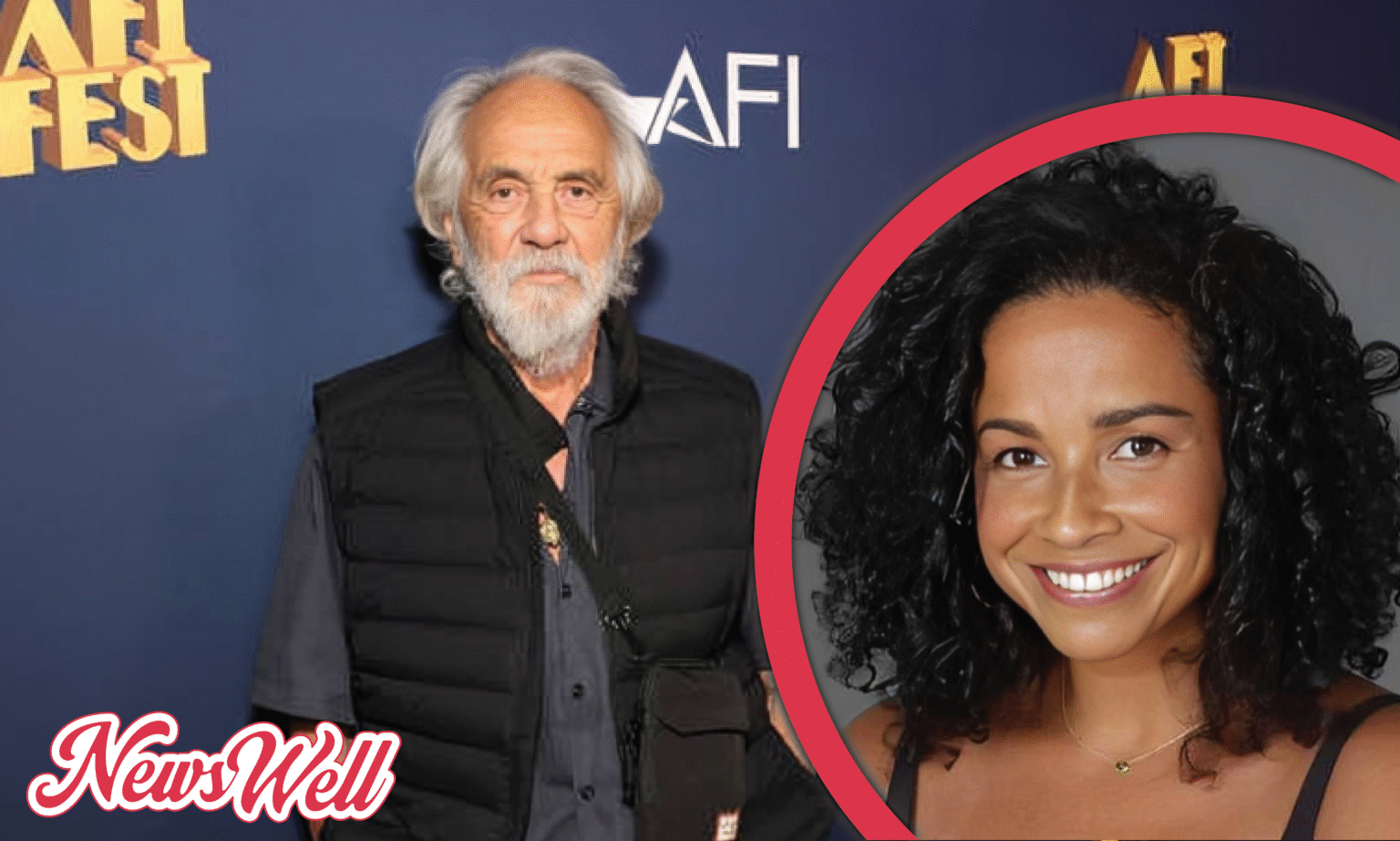 A composite image featuring an older man with a white beard and grey hair in a black vest on the left, next to a circular inset of a younger woman with dark curly hair and a green necklace on the right. The man is Tommy Chong, and the woman is Maxine Sneed. The logo "News Well" is in the bottom left corner.