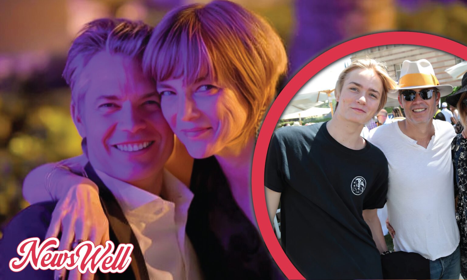 A composite photo featuring actor Timothy Olyphant with his wife Alexis Knief, and an inset image of Timothy with their son, Henry Olyphant.