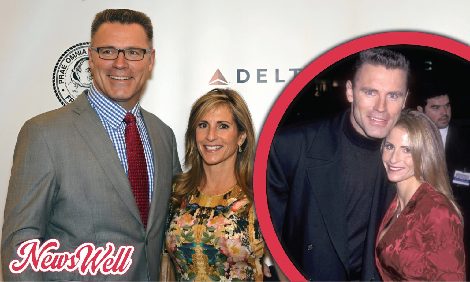 A composite image showing Diane Addonizio and husband Howie Long in a recent photo, contrasted with an inset picture of them as a younger couple.