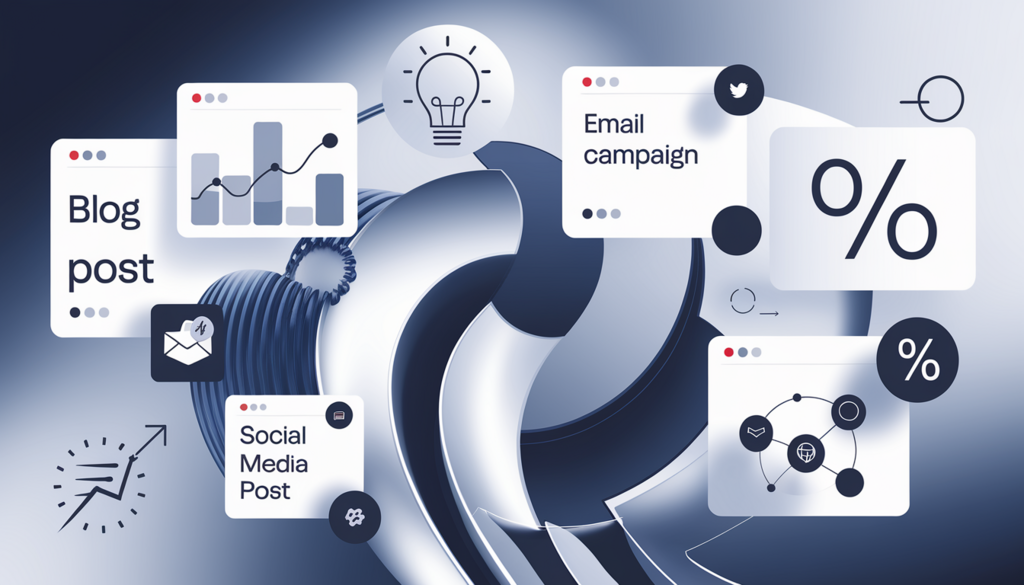 How Blog Marketing Agency Shapes Digital Conversations The image features an abstract representation of a blog marketing agency's offerings, with symbolic elements of digital content creation like blog writing, email campaigns, social media, SEO, and web development, all depicted in a modern and polished aesthetic with a harmonious color palette that conveys professionalism and confidence, emphasizing partnership, performance, and ROI-driven results for B2B clients in industries such as consulting, healthcare, IT, and HR in the USA.